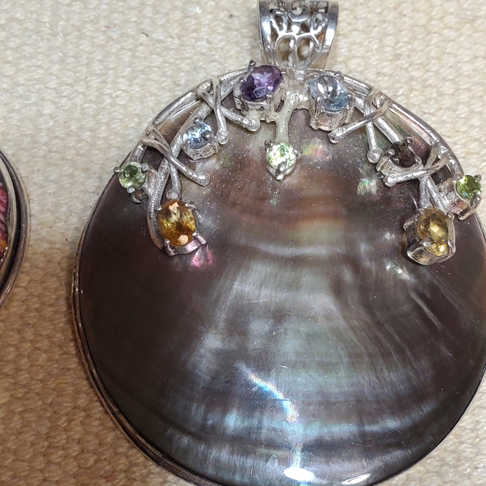 Large abalone silver pendant  with genuine  stones